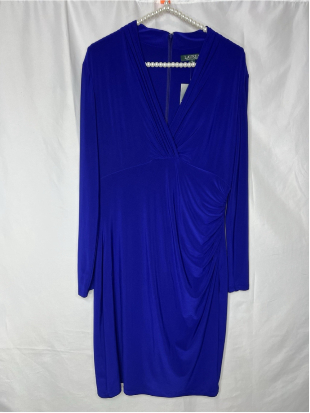 Lauren Ralph Lauren Dress Womens 12 Blue Faux Wrap Ruched Corporatecore Classic